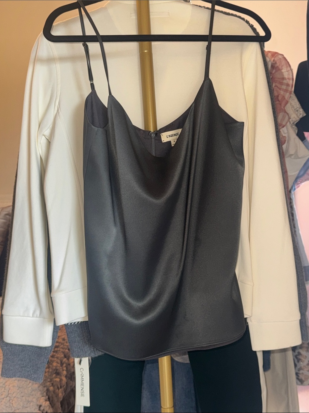 L'Agence Black Satin Cowl Neck Camisole Top